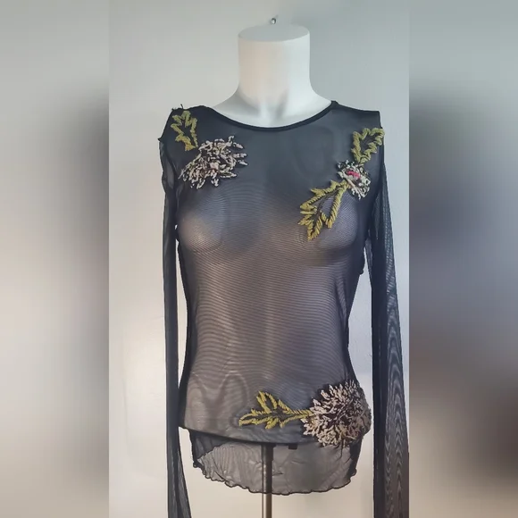 Amazing - top - mesh/see-through -black mesh-whute, gold, green embroidered - Picture 1 of 4